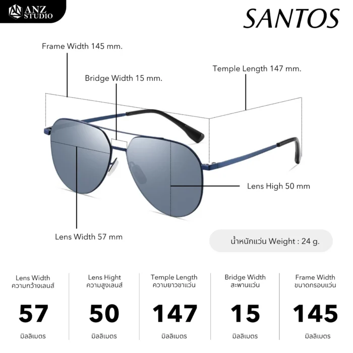 แว่นกันแดดรุ่น SANTOS แว่นกันแดดเลนส์ Nylon UV40 กรอบสแตนเลสแท้ - Image 2