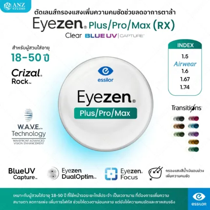 ตัดเลนส์สายตาเดี่ยวระดับพรีเมียมจาก Essilor Eyezen Plus / Pro / Max (RX) สั่งตัดเฉพาะบุคคล ช่วยลดอาการล้าลดการเพ่งระยะใกล้