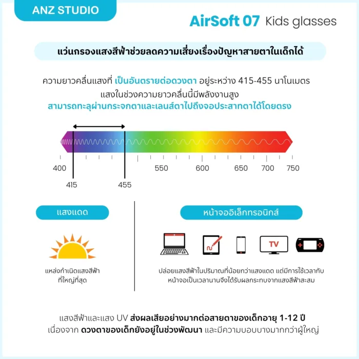 แว่นกรองแสงสำหรับเด็ก รุ่น AirSoft 07 แป้นจมูกและขาแว่น AirSoft Flexible นิ่ม เบา ใส่สบาย - Image 9