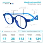 กรอบแว่นตา ANZ MagSnap Round 2in1 พร้อมคลิปออนกันแดดแม่เหล็ก Polarized สำหรับเด็ก 6–12 ปี - Image 2