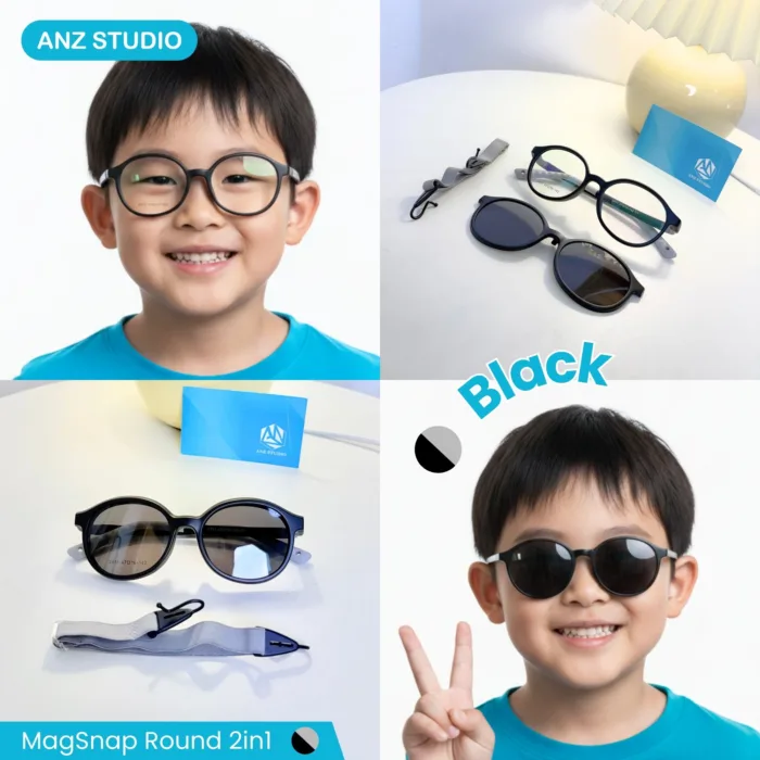 กรอบแว่นตา ANZ MagSnap Round 2in1 พร้อมคลิปออนกันแดดแม่เหล็ก Polarized สำหรับเด็ก 6–12 ปี - Image 3