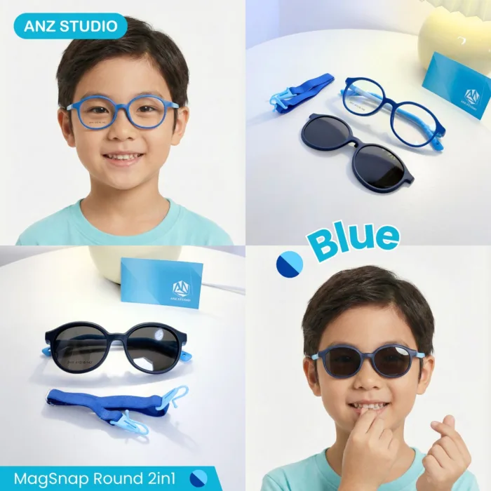 กรอบแว่นตา ANZ MagSnap Round 2in1 พร้อมคลิปออนกันแดดแม่เหล็ก Polarized สำหรับเด็ก 6–12 ปี - Image 4