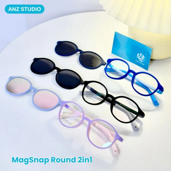 กรอบแว่นตา ANZ MagSnap Round 2in1 พร้อมคลิปออนกันแดดแม่เหล็ก Polarized สำหรับเด็ก 6–12 ปี - Image 6