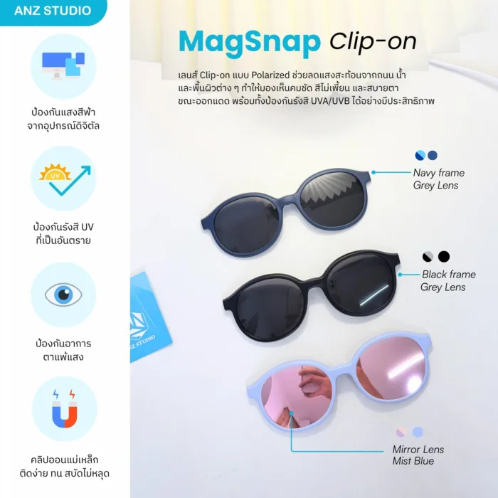 กรอบแว่นตา ANZ MagSnap Round 2in1 พร้อมคลิปออนกันแดดแม่เหล็ก Polarized สำหรับเด็ก 6–12 ปี - Image 8