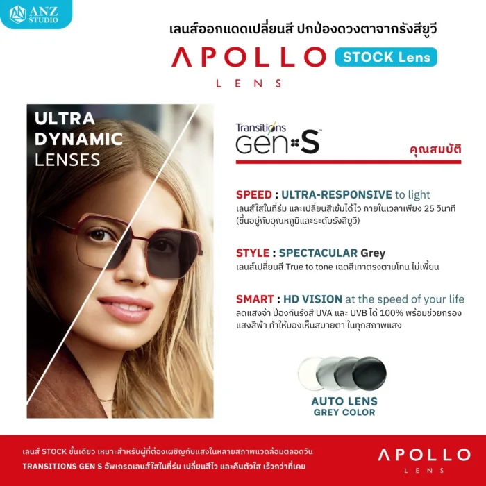 ANZ STUDIO ตัดเลนส์เปลี่ยนสี Transitions Gen S (Stock Lens) เลนส์ออโต้ จากแบรนด์ Apollo - Image 2