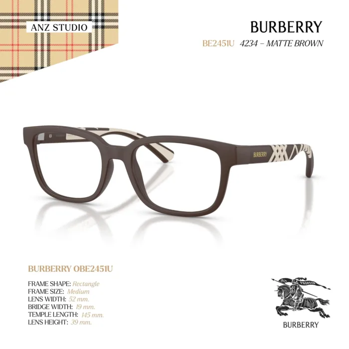 กรอบแว่นตา BURBERRY รุ่น BE2451U ทรง Rectangle ลุคเรียบเท่ ดีไซน์ขาแว่น Rubber Check ของแท้ รับประกัน 2 ปี - Image 2