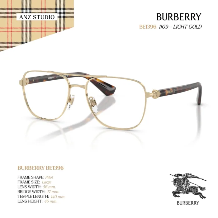 กรอบแว่นตา BURBERRY รุ่น BE1396 ทรง Pilot กรอบโลหะดีไซน์ Double Bridge ของแท้ รับประกัน 2 ปี - Image 2