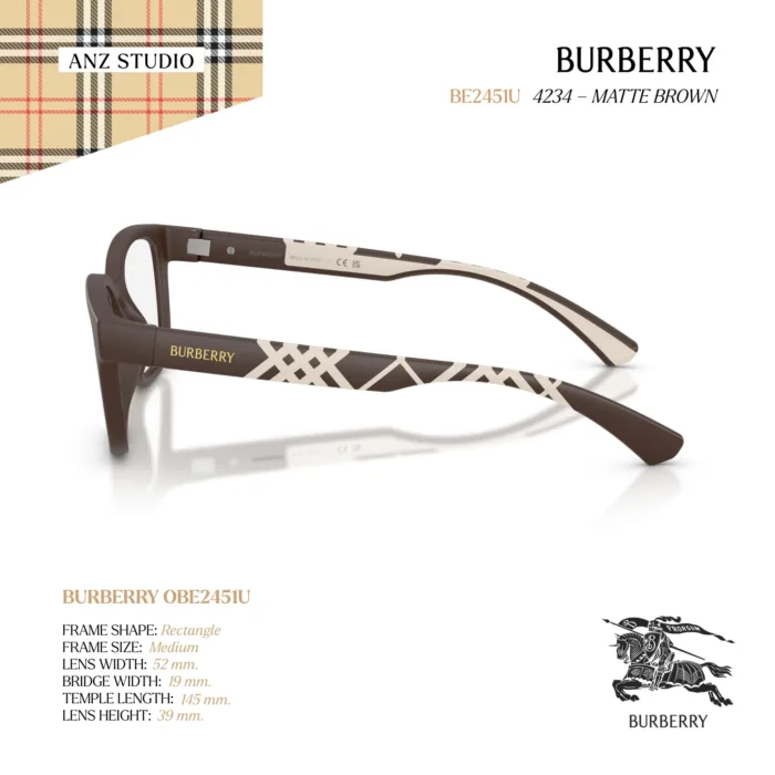กรอบแว่นตา BURBERRY รุ่น BE2451U ทรง Rectangle ลุคเรียบเท่ ดีไซน์ขาแว่น Rubber Check ของแท้ รับประกัน 2 ปี - Image 3