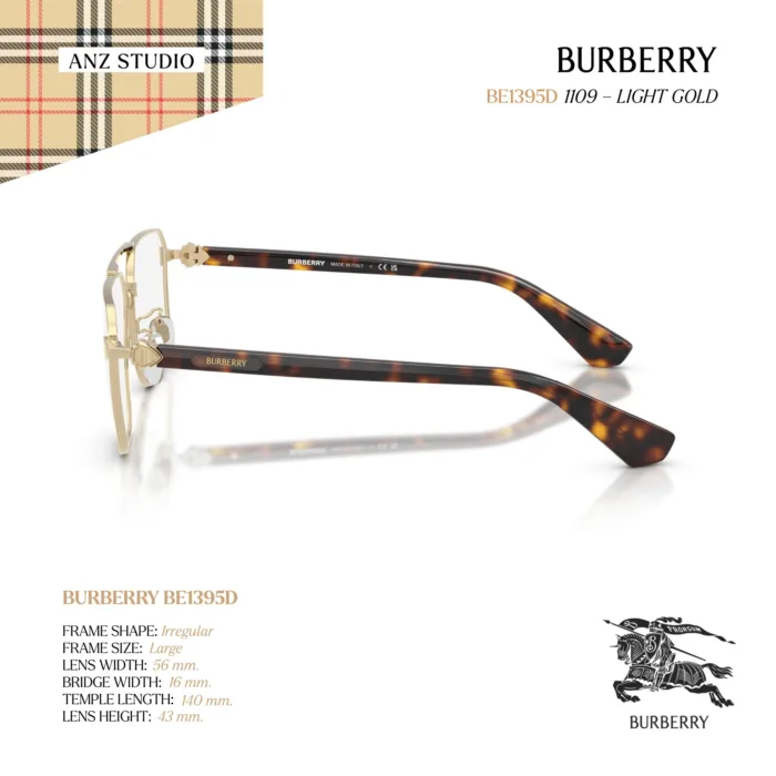 กรอบแว่นตา BURBERRY รุ่น BE1395D ทรง Irregular กรอบโลหะสี Light Gold ลุคพรีเมียม ของแท้ รับประกัน 2 ปี - Image 3
