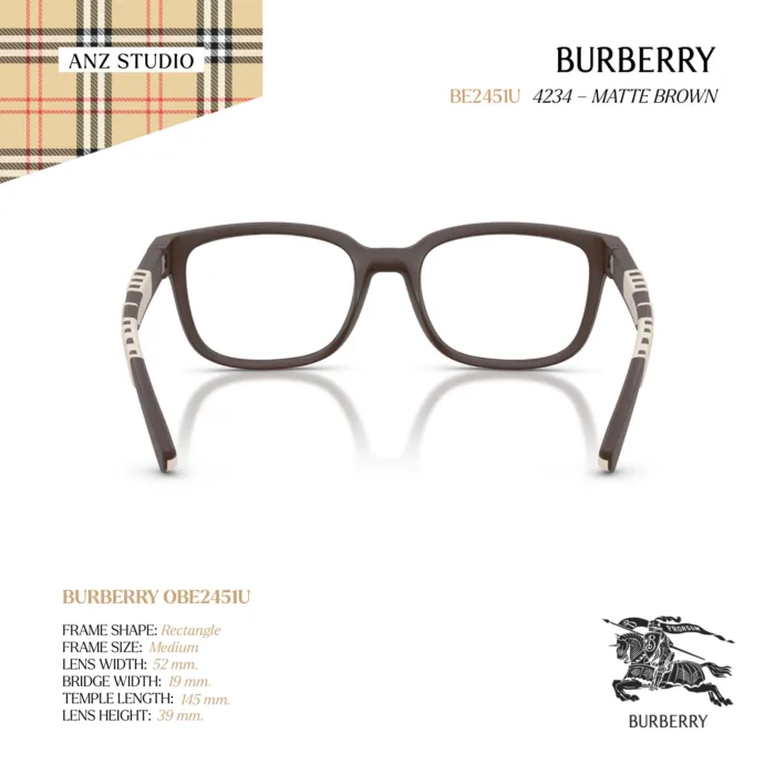 กรอบแว่นตา BURBERRY รุ่น BE2451U ทรง Rectangle ลุคเรียบเท่ ดีไซน์ขาแว่น Rubber Check ของแท้ รับประกัน 2 ปี - Image 4