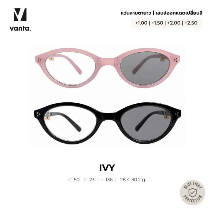 vanta. IVY แว่นสายตายาวพร้อมกรองแสงสีฟ้ากรอบพับได้ ออกแดดเปลี่ยนสีเทา ทรงแคทอาย มีค่าสายตาให้เลือก - Image 2