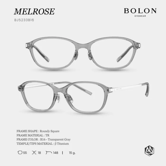 กรอบแว่นตา BOLON รุ่น MELROSE BJ5233 ทรง Roundy Square กรอบ TR ขา β Titanium น้ำหนักเบา ของแท้ รับประกัน 1 ปี - Image 3