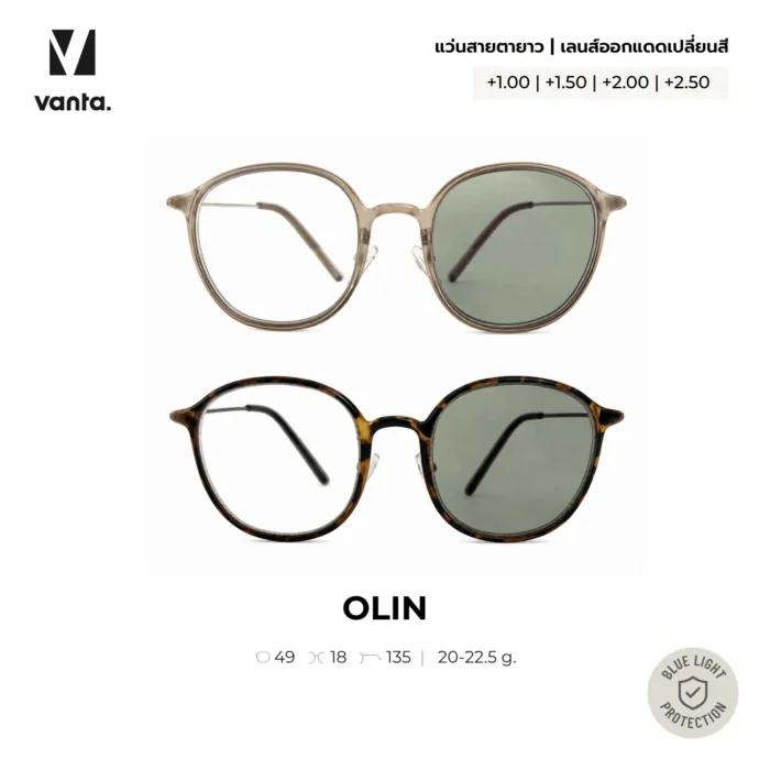 vanta. OLIN แว่นสายตายาว เลนส์กรองแสงสีฟ้าออกแดดเปลี่ยนสีเทา ทรงกลม มีค่าสายตาให้เลือก - Image 4