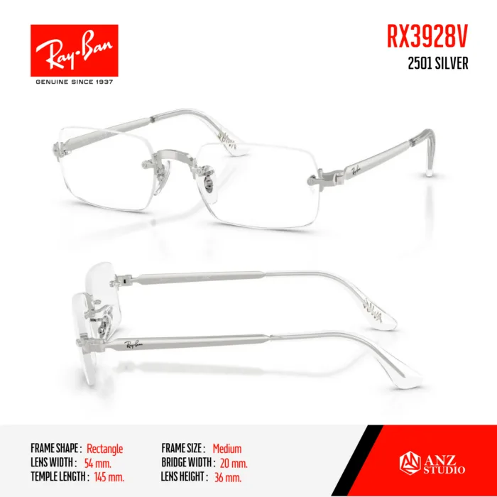 Ray-Ban RX3928V Size 54 กรอบแว่นตาทรง Rectangle แบบกรอบเจาะ ดีไซน์มินิมอล น้ำหนักเบา - Image 6
