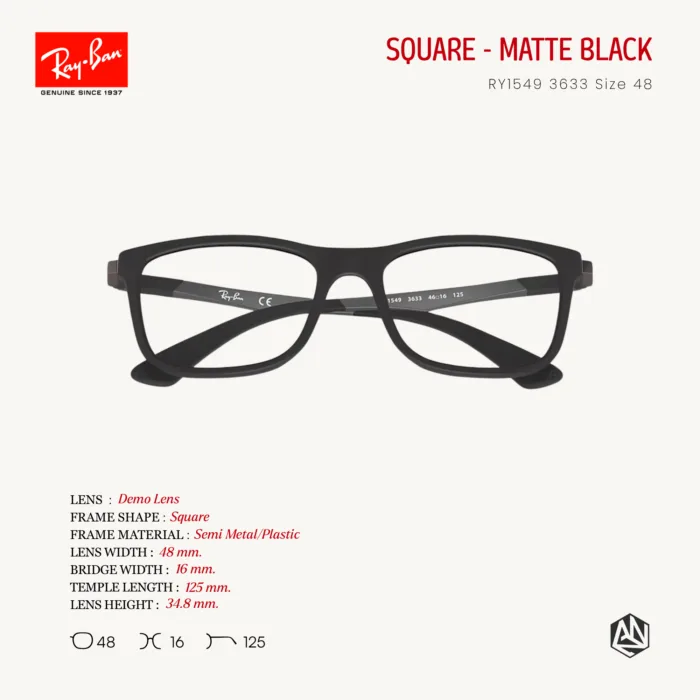 Ray-Ban Junior รุ่น RY1549 Eyeglasses Size 48 กรอบแว่นตาเด็ก ทรง Square ดีไซน์ทันสมัย ใส่สบาย เหมาะสำหรับเด็กอายุ 11–13 ปี - Image 3